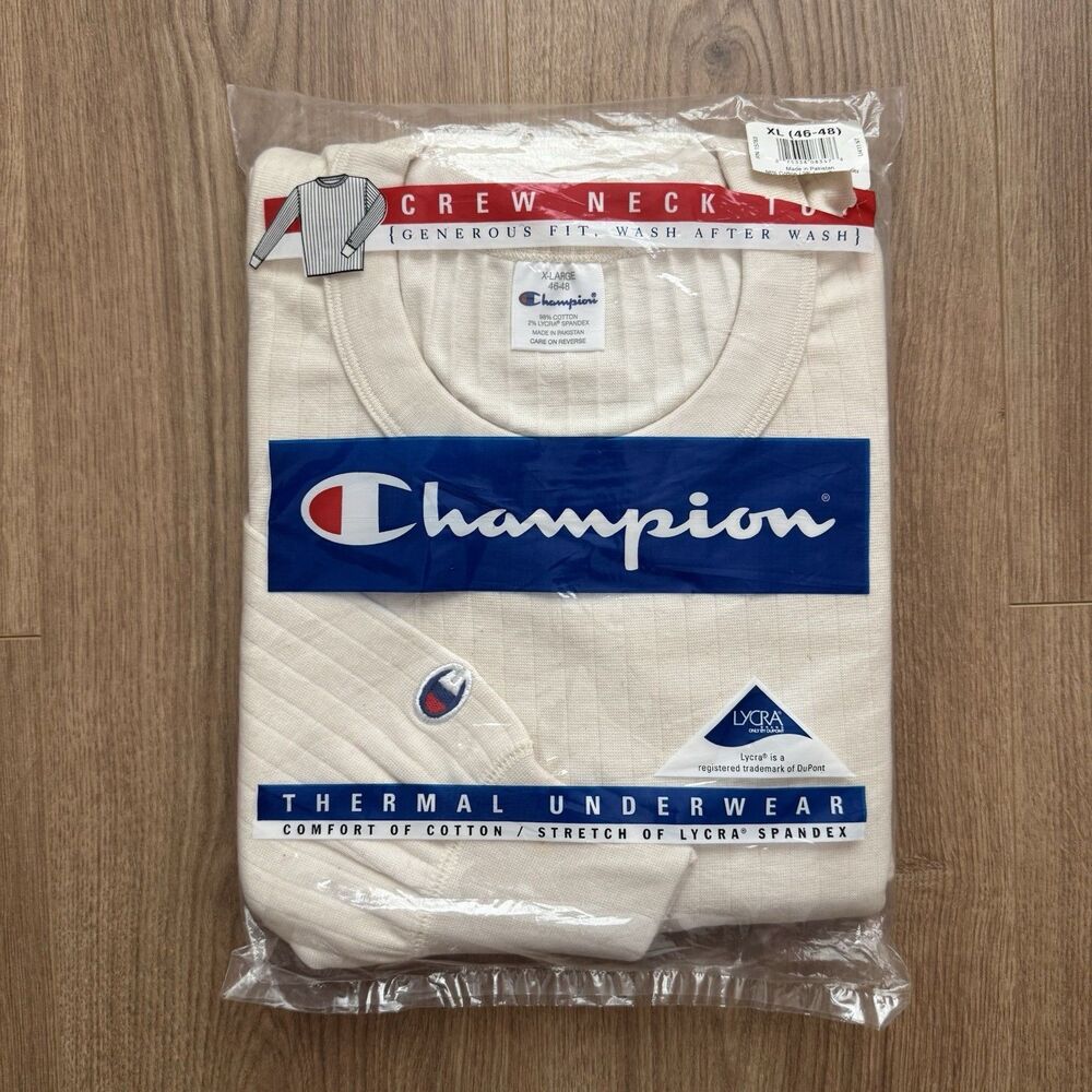 NOS Vintage 90s Champion Cream Color Crew Neck Top Thermal Underwear Sz XL 1999